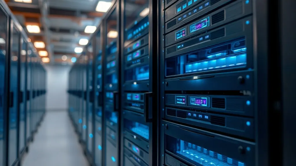 A technical visualization of a data server rack with glowing