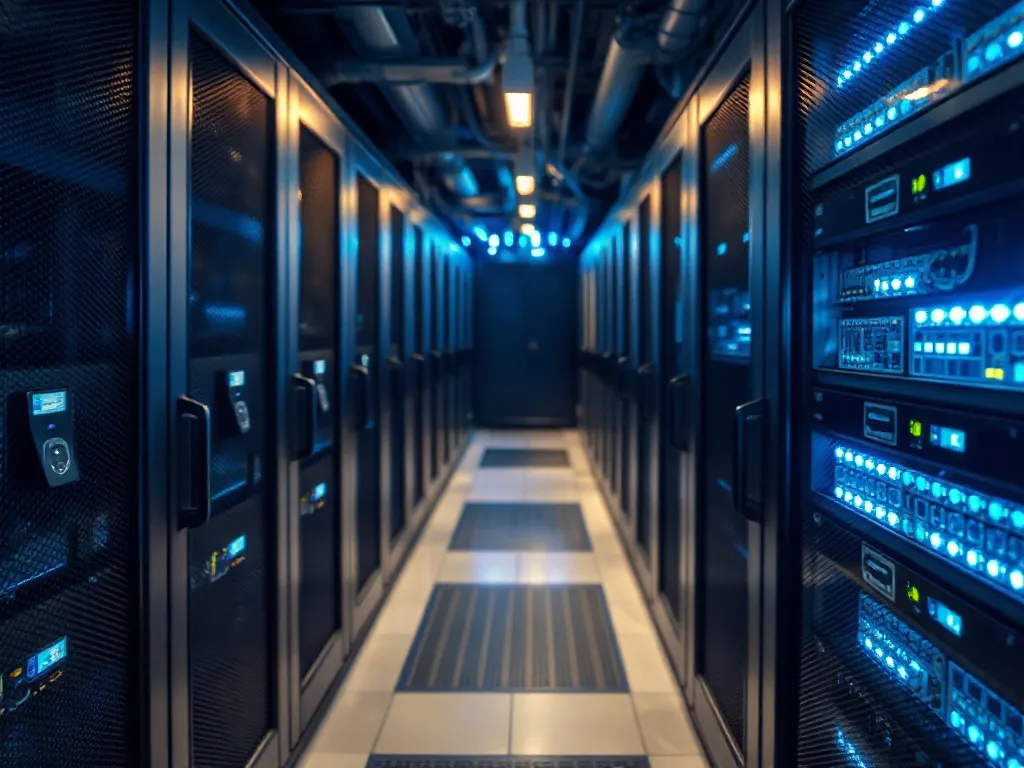 A high-tech server room with blue LED lights, macro photogra